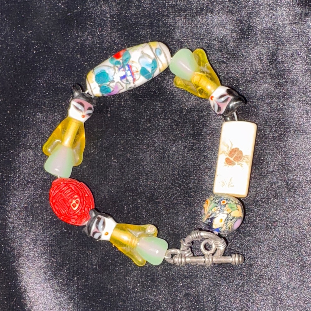 Colorful Beaded Bracelet w/ Unique Asian Oriental Glass hand painted Charms